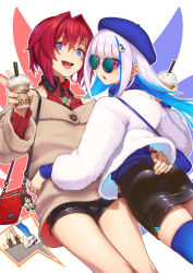 Rule 34 | 2girls, :d, ange katrina, arm around waist, ass, aya shachou, bag, bag charm, black shorts, blue-tinted eyewear, blue-tinted glasses, blue eyes, blue hair, bubble tea, charm (object), commentary request, cup, disposable cup, drinking straw, fingernails, footstool, from behind, fur jacket, glasses, grey sweater, hair between eyes, hair intakes, hair ornament, hairclip, height difference, highres, holding, holding cup, inui toko, jacket, latex skirt, lize helesta, long hair, long sleeves, looking at viewer, looking back, looking over eyewear, looking over glasses, medium hair, micro shorts, miniskirt, multicolored hair, multiple girls, nijisanji, off-shoulder sweater, off shoulder, open mouth, parted lips, pink eyes, red hair, red shirt, round eyewear, sebastian piyodore, shirt, shorts, shoulder bag, skirt, smile, streaked hair, sunglasses, sweater, tinted eyewear, virtual youtuber, white jacket