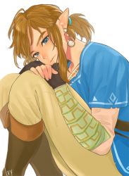Rule 34 | 1boy, artist name, bad id, bad pixiv id, bag, beige pants, blonde hair, blue eyes, blue shirt, boots, brown footwear, brown gloves, cheek rest, closed mouth, commentary request, earrings, feet out of frame, fingerless gloves, from side, gloves, hair tie, highres, ivy (sena0119), jewelry, knee boots, knees up, layered sleeves, link, long sleeves, looking at viewer, male focus, medium hair, nintendo, pointy ears, shirt, short over long sleeves, short ponytail, short sleeves, sidelocks, simple background, sitting, solo, the legend of zelda, the legend of zelda: breath of the wild, tunic, white background