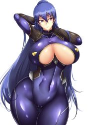 Rule 34 | 1girl, akiyama rinko, blue hair, bodysuit, breasts, cleavage, cleavage cutout, clothing cutout, contrapposto, curvy, female focus, haganef, highres, huge breasts, long hair, no bra, partially visible vulva, ponytail, purple eyes, shiny skin, simple background, smile, solo, standing, taimanin (series), taimanin yukikaze, thick thighs, thighs, very long hair, white background, wide hips