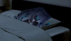 Rule 34 | arcaea, bed, black hair, black sleeves, blanket, blue ribbon, bug, butterfly, eyepatch, highres, insect, lantern, meme, parasol, pillow, ribbon, sleeping, tairitsu (arcaea), tairitsu (tempest) (arcaea), umbrella, white blanket, white pilow