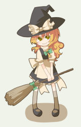 Rule 34 | 1girl, apron, bad id, bad pixiv id, blonde hair, bow, broom, broom riding, chibi, dress, female focus, full body, hat, kirisame marisa, simple background, solo, touhou, witch, witch hat