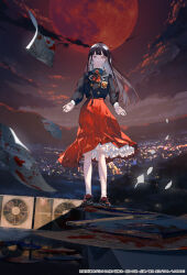 Rule 34 | 1girl, black hair, black shirt, blood, blood on paper, bow, bowtie, buttons, character request, city, city lights, closed mouth, cloud, copyright request, dark clouds, dark skin, dress, dress shirt, floating, flying paper, highres, light, long hair, long sleeves, looking at viewer, moon, pale skin, paper, pleated dress, pleated skirt, red bow, red eyes, red moon, red skirt, shiomi (lowrise), shirt, short bangs, sidelocks, skirt, sky, smile, solo, standing