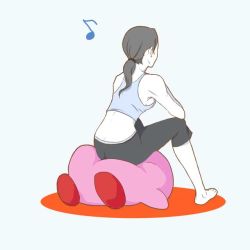 Rule 34 | 1girl, bad id, bad pixiv id, barefoot, breasts, capri pants, colored skin, from behind, grey hair, kirby, kirby (series), long hair, midriff, musical note, nintendo, pants, ponytail, sideboob, simple background, sitting, sitting on face, sitting on person, super smash bros., tank top, white skin, wii fit, wii fit trainer, wii fit trainer (female)