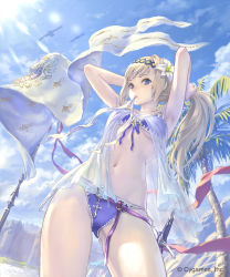 Rule 34 | 1girl, armpits, arms up, banner, bikini, bird, blonde hair, blue eyes, blush, breasts, cloud, contrapposto, cowboy shot, cygames, day, flower, front-tie bikini top, front-tie top, gluteal fold, granblue fantasy, hair flower, hair ornament, hairband, hairdressing, hibiscus, highres, hisakata souji, jeanne d&#039;arc (granblue fantasy), lens flare, light rays, long hair, looking at viewer, medium breasts, mouth hold, navel, outdoors, palm tree, purple bikini, purple ribbon, ribbon, see-through, sheath, sheathed, solo, standing, stomach, sunbeam, sunlight, swimsuit, sword, thighs, tree, tying hair, underboob, very long hair, weapon