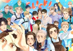 Rule 34 | 6+boys, 6+girls, :o, absurdres, annie leonhart, armin arlert, auruo bossard, balloon, bertolt hoover, black hair, blonde hair, blue eyes, blush, brown hair, celebration, character request, check character, chin rest, krista lenz, clone, confetti, connie springer, couple, disembodied head, eren yeager, erwin smith, expressionless, falco grice, foreshortening, gabi braun, group picture, hand up, hange zoe, head on head, head rest, highres, jean kirstein, levi (shingeki no kyojin), light brown hair, luguoadeli (maple12031), marcel galliard, marco bott, mikasa ackerman, moblit berner, multiple boys, multiple girls, outstretched arm, paradis military uniform, petra ral, pieck finger, porco galliard, red scarf, reiner braun, sasha blouse, scarf, selfie, shingeki no kyojin, shirt, short hair, smile, sparkling eyes, spine eren, spoilers, taking picture, thinking, time paradox, v, wide-eyed, yelena (shingeki no kyojin), ymir (shingeki no kyojin), ymir fritz, yuri