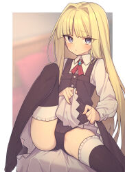 Rule 34 | 1girl, black panties, black thighhighs, blonde hair, blunt bangs, blush, border, brooch, buttons, cameltoe, closed mouth, clothes lift, collared shirt, commentary, dress, dress lift, dress shirt, everyntrge, gluteal fold, hair intakes, jewelry, knee up, lifting own clothes, long hair, long sleeves, looking at viewer, original, outside border, paid reward available, panties, purple eyes, red ribbon, ribbon, shirt, sidelocks, sitting, solo, tearing up, thighhighs, underwear, very long hair, white border, white shirt