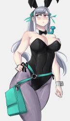Rule 34 | 1girl, animal costume, black clover, blush, grey hair, hand on own hip, limn044, noelle silva, rabbit costume, rabbit ears, red eyes, simple background, solo, twintails