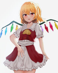 Rule 34 | 1girl, backlighting, bloom, blush, breasts, collarbone, cowboy shot, crystal, eyebrows hidden by hair, flandre scarlet, frilled shirt collar, frills, hair between eyes, highres, no headwear, one side up, parted lips, puffy short sleeves, puffy sleeves, red skirt, red vest, ritseya, short hair, short sleeves, simple background, skirt, small breasts, smile, solo, touhou, vest, white background, wings