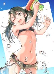 Rule 34 | 1girl, ;d, alternate costume, armpits, arms up, bare legs, bare shoulders, bikini, black bikini, black ribbon, breasts, brown shorts, commentary request, cowboy shot, green eyes, green hair, highres, holding, holding water gun, kabayaki namazu, kantai collection, long hair, looking away, looking to the side, navel, one eye closed, open clothes, open fly, open mouth, open shorts, ribbon, short shorts, shorts, side-tie bikini bottom, small breasts, smile, solo, splashing, stomach, swimsuit, twintails, underboob, v-shaped eyebrows, water drop, water gun, zuikaku (kancolle)