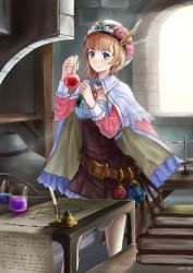 Rule 34 | 1girl, atelier (series), atelier rorona, beaker, belt, blue eyes, blush, book, brown hair, cape, female focus, flask, hat, holding, indoors, inkwell, jastersin21, jewelry, long sleeves, necklace, quill, rororina fryxell, round-bottom flask, short hair, smile, solo, standing, table, test tube