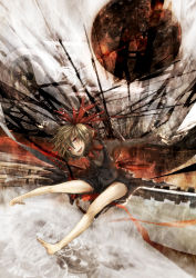 Rule 34 | 1girl, album cover, bare legs, barefoot, blonde hair, bridal gauntlets, cover, elbow gloves, embodiment of scarlet devil, feet, female focus, gloves, highres, outstretched arms, red eyes, rib:y(uhki), rumia, short hair, solo, spread arms, touhou