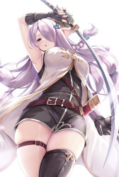Rule 34 | 1girl, :o, black gloves, black thighhighs, blue eyes, breasts, commentary request, draph, fingerless gloves, gloves, granblue fantasy, hair over one eye, highres, holding, holding sword, holding weapon, katana, long hair, looking at viewer, medium breasts, naoki (endofcentury102), narmaya (granblue fantasy), pointy ears, purple hair, simple background, single thighhigh, solo, sword, thighhighs, thighs, weapon, white background
