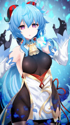 Rule 34 | 1girl, absurdres, ahoge, bare shoulders, bell, black gloves, blue hair, blush, bodystocking, breasts, brown pantyhose, detached sleeves, dress, ganyu (genshin impact), genshin impact, gloves, highres, horns, large breasts, long hair, looking at viewer, okuri banto, open mouth, pantyhose, purple eyes, resolution mismatch, sideboob, solo, source smaller, thighs, white dress