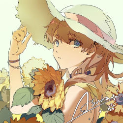 Rule 34 | 1girl, ame (10286367), blue eyes, bracelet, character name, choker, closed mouth, commentary, english commentary, expressionless, eyes visible through hair, flower, hand on headwear, hat, hat ribbon, holding, holding flower, jewelry, leaf, light brown hair, long hair, looking at viewer, looking back, neon genesis evangelion, portrait, ribbon, sleeveless, solo, souryuu asuka langley, sun hat, sunflower, yellow flower
