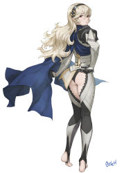 Rule 34 | 1girl, armor, ass, barefoot, blonde hair, blue cape, cape, corrin (female) (fire emblem), corrin (fire emblem), feet, fire emblem, fire emblem fates, hairband, highres, long hair, looking at viewer, looking back, nintendo, ozkh, pointy ears, red eyes, silver hair, simple background, solo, stirrup legwear, toeless legwear, toes