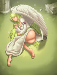 Rule 34 | 1girl, angel, angel wings, arm ribbon, ass, barefoot, belt, blonde hair, breasts, brown hair, capelet, censored, cleavage, clothes lift, cross-laced clothes, dress, dress lift, closed eyes, feet, fire emblem, fire emblem: path of radiance, from above, grass, green hair, leanne (fire emblem), long hair, long sleeves, lying, nintendo, on ground, on side, outdoors, pillar, pointy ears, puffy sleeves, pussy, ribbon, short hair, sleeping, soles, thor (deep rising), toes, unconscious, very long hair, white dress, white wings, wings