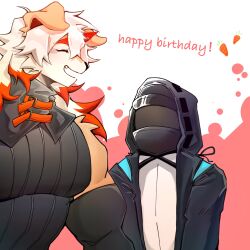 Rule 34 | 1boy, 1other, arknights, bara, black coat, black shirt, blush, closed eyes, coat, colored tips, doctor (arknights), facing another, fang, furry, furry male, happy birthday, highres, hood, hood up, hooded coat, horns, hung (arknights), komainu boy, komainu ears, multicolored hair, muscular, muscular male, open mouth, pectorals, profile, shirt, single horn, sleeveless, sleeveless shirt, upper body, wang yzzx