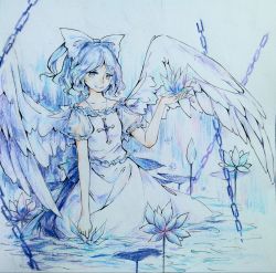 Rule 34 | 1girl, angel wings, arm up, blue hair, bow, chain, colored pencil, colored pencil (medium), cross, dress, flower, hair bow, highres, in water, jewelry, kneeling, looking at viewer, maboroshi yume kai no furawa masuta, mai (touhou), necklace, open hand, pencil, ponytail, puffy short sleeves, puffy sleeves, short hair, short sleeves, smile, solo, touhou, touhou (pc-98), traditional media, wading, wings, yorktown cv-5
