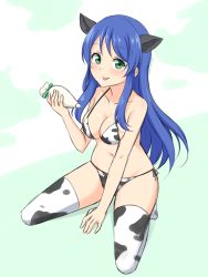 1girl, :p, absurdres, animal ears, animal print, bare arms, bare shoulders, between legs, bikini, blue hair, breasts, collarbone, commentary request, cow print, extra ears, eyebrows visible through hair, food, food on breasts, food on face, green background, green eyes, hand between legs, highres, long hair, looking at viewer, medium breasts, navel, original, pastry bag, print bikini, print legwear, shiraha maru, side-tie bikini, simple background, sitting, smile, solo, swimsuit, tongue, tongue out, twitter username, very long hair