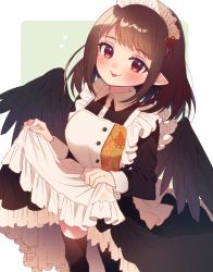 Rule 34 | 1girl, :p, alternate costume, apron, black thighhighs, black wings, blush, brown hair, dress, enmaided, feathered wings, frills, long sleeves, looking at viewer, maid, maid apron, maid headdress, no headwear, no headwear, pointy ears, puffy sleeves, red eyes, shameimaru aya, skirt hold, smile, solo, thighhighs, tongue, tongue out, touhou, touya (konpekitou), white apron, wings