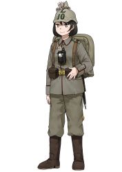 Rule 34 | 1girl, absurdres, anyan (jooho), backpack, bag, belt, belt pouch, black hair, boots, brown eyes, brown footwear, buttons, closed mouth, flower, full body, grey hat, grey jacket, grey pants, hat, hat flower, helmet, highres, jacket, knife, long sleeves, military, military uniform, original, pants, pouch, sheath, sheathed, short hair, simple background, smile, solo, standing, uniform, white background, world war i
