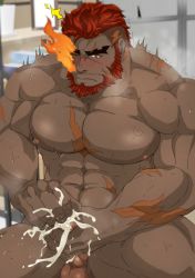 Rule 34 | 1boy, abs, absurdres, bara, beard, completely nude, cowboy shot, cum, ejaculation, erection, eyebrow cut, facial hair, flaming eye, hephaestus (housamo), highres, large pectorals, male focus, male masturbation, manly, masturbation, muscular, navel, nipples, nude, pectorals, penis, raineru (gryffindor131), red eyes, scar, short hair, solo, testicles, thick eyebrows, thick thighs, thighs, tokyo houkago summoners