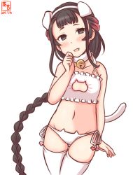 Rule 34 | 1girl, animal ears, artist logo, bell, black hair, bra, braid, brown eyes, cat cutout, cat ear panties, cat ears, cat lingerie, cat tail, cleavage cutout, clothing cutout, commentary request, cowboy shot, dated, flat chest, frilled bra, frills, gradient hair, jingle bell, kanon (kurogane knights), kantai collection, long hair, meme attire, multicolored hair, neck bell, one-hour drawing challenge, panties, paw print, side-tie panties, single braid, solo, standing, tail, thigh gap, thighhighs, underwear, underwear only, white background, white bra, white panties, white thighhighs, yamashio maru (kancolle)