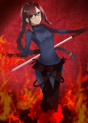 Rule 34 | 1girl, black-framed eyewear, blue bodysuit, bodysuit, braid, braided ponytail, breasts, brown hair, covered navel, fate/grand order, fate (series), fire, floating hair, glasses, holding, holding sword, holding weapon, leaning back, long hair, medium breasts, ponytail, red background, red eyes, single braid, solo, standing, striped bodysuit, sword, tsukise miwa, very long hair, weapon, yu mei-ren (fate), yu mei-ren (first ascension) (fate)