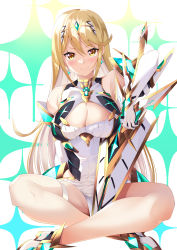 Rule 34 | absurdres, aegis sword (xenoblade), bare legs, bare shoulders, blonde hair, breasts, cleavage, cleavage cutout, clothing cutout, daive, dress, earrings, elbow gloves, gloves, headpiece, highres, jewelry, large breasts, long hair, mythra (xenoblade), short dress, solo, swept bangs, thigh strap, tiara, very long hair, white dress, white footwear, white gloves, xenoblade chronicles (series), xenoblade chronicles 2, yellow eyes