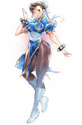 Rule 34 | 1girl, black pantyhose, blue dress, blush, boots, bracelet, breasts, brown eyes, brown hair, bun cover, capcom, chun-li, commentary request, cross-laced footwear, double bun, dress, earrings, full body, hair bun, hand up, highres, jewelry, knee boots, lace-up boots, looking at viewer, matsuda (matsukichi), medium breasts, pantyhose, pelvic curtain, puffy short sleeves, puffy sleeves, short hair, short sleeves, simple background, smile, solo, spiked bracelet, spikes, standing, street fighter, thighs, white background, white footwear