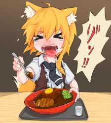 Rule 34 | &gt; &lt;, 1girl, animal ear fluff, animal ears, black necktie, blonde hair, bowl, brown vest, burnt tongue, closed eyes, collared shirt, commentary request, cookie (touhou), curry, egg yolk, food, fox ears, fox girl, fox tail, holding, holding spoon, medium hair, miramikaru riran, necktie, open mouth, shirt, short sleeves, sidelocks, solo, spoon, tail, tongue, tongue out, tonkatsu, translation request, tray, upper body, vest, white shirt, yan pai