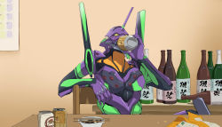 Rule 34 | arm rest, beer can, bottle, calendar (object), can, chair, chopsticks, drink can, drinking, eva 01, food, highres, horns, mecha, neon genesis evangelion, no humans, onsen mikan, robot, sake bottle, sepia background, single horn, sitting, sitting on object, solo, surreal, table, yellow eyes