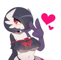 Rule 34 | 1girl, aliceyawnin, alternate color, alternate shiny pokemon, averting eyes, bare shoulders, black choker, black hair, black panties, black shirt, black skin, blush, bob cut, breasts, choker, chromatic aberration, cleavage, closed mouth, collarbone, colored skin, commission, covered erect nipples, creatures (company), crop top, crop top overhang, female focus, game freak, gardevoir, gen 3 pokemon, hair over one eye, hand up, heart, highres, huge breasts, looking to the side, multicolored skin, navel, nintendo, off shoulder, panties, pink thighhighs, pokemon, pokemon (creature), purple skin, red eyes, shiny skin, shirt, short hair, short sleeves, simple background, skindentation, solo, stomach, thighhighs, underboob, underwear, upper body, v, white background, white skin