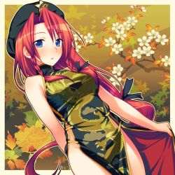 Rule 34 | 1girl, :o, bare hips, bare shoulders, blue eyes, blush, bow, braid, china dress, chinese clothes, dress, female focus, floral print, flower, hair bow, hat, highres, hong meiling, long hair, looking at viewer, no panties, open mouth, red hair, side slit, solo, star (symbol), touhou, twin braids, very long hair, yuuki keisuke