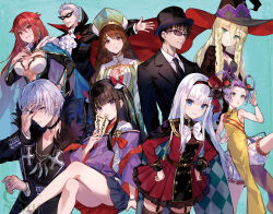 3boys 6+girls armpits artesia_(kendeshi) black_choker black_hair blue_eyes bow bracelet braid breasts brown_eyes brown_hair character_name chinese_clothes choker crossed_legs domino_mask formal_clothes frone_(kendeshi) fuzichoco garter_straps green_eyes grin hair_bow hairband hand_on_own_face hands_on_own_hips hat japanese_clothes jewelry kenja_no_deshi_wo_nanoru_kenja large_breasts lastrada_(kendeshi) long_hair long_sleeves looking_at_viewer luminaria_(kendeshi) mask meilin_(kendeshi) mira_(kendeshi) multiple_boys multiple_girls necktie novel_illustration official_art open_mouth purple_eyes red_eyes red_hair ring short_hair sideways_hat skirt sleeveless smile soul_howl_(kendeshi) suit sunglasses thighhighs third-party_source tuxedo twin_braids uzume_(kendeshi) valentin_(kendeshi) watermark white_hair witch_hat zettai_ryouiki