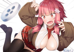 Rule 34 | 1girl, arm up, between breasts, black thighhighs, blunt bangs, blush, breast expansion, breasts, brown cardigan, cardigan, checkered necktie, collared shirt, commentary request, covered erect nipples, emphasis lines, fang, flower, hair flower, hair ornament, hair tubes, hand up, hanging breasts, kotonoha akane, lactation, large breasts, long hair, long sleeves, motion blur, motion lines, necktie, necktie between breasts, open cardigan, open clothes, open mouth, open shirt, partner (kprtnr), pink hair, popped button, red eyes, red necktie, red skirt, school uniform, shiny skin, shirt, sidelocks, simple background, skin fang, skindentation, skirt, sleeves past wrists, solo, thighhighs, unmoving pattern, voiceroid, white background, white flower, wing collar