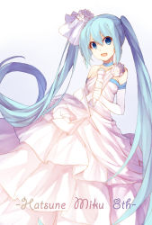 Rule 34 | 1girl, aqua hair, bare shoulders, blue eyes, blue hair, character name, dress, elbow gloves, frilled dress, frills, gloves, gradient background, hatsune miku, highres, long hair, looking at viewer, microphone, pl pingxing xian, simple background, smile, solo, text focus, twintails, very long hair, vocaloid, white gloves