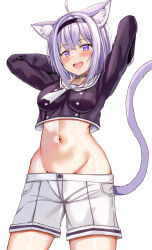 Rule 34 | 1girl, absurdres, animal ears, cat ears, highres, hololive, long sleeves, looking at viewer, nekomata okayu, nootomo, open mouth, purple eyes, simple background, smile, solo, standing, virtual youtuber