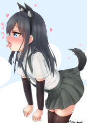 Rule 34 | 1girl, animal ears, arm warmers, asashio (kancolle), black hair, black thighhighs, blue eyes, blush, commentary request, dog ears, dog tail, fake animal ears, female focus, heart, highres, kantai collection, kemonomimi mode, legs together, long hair, open mouth, rokosu (isibasi403), shirt, short sleeves, skirt, solo, suspender skirt, suspenders, tail, thighhighs, tongue, tongue out, white shirt