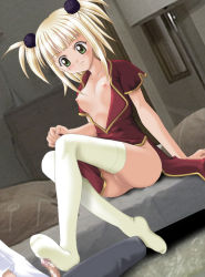 Rule 34 | 1boy, 1girl, ass, bed, bed sheet, black pants, blonde hair, blush, breasts, breasts apart, censored, chest of drawers, china dress, chinese clothes, collarbone, cum, cumdrip, dark skin, dress, erection, feet, femdom, floor, footjob, functionally nude, green eyes, hair tie, happy, hetero, indoors, kufei, long hair, looking down, mahou sensei negima!, nipples, no bra, no panties, on bed, on floor, open clothes, open dress, pants, partially undressed, penis, pillow, pussy, room, shirt, sitting, smile, thighhighs, twintails, wall, white shirt