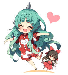 Rule 34 | 2girls, aqua hair, ascot, black hair, blush, bow, brown eyes, cloud print, collared shirt, curly hair, detached sleeves, closed eyes, fangs, geta, hair bow, hakurei reimu, heart, horns, japanese clothes, kariyushi shirt, komano aunn, long hair, multiple girls, nontraditional miko, open mouth, outstretched arms, piyokichi, red bow, red shirt, red skirt, ribbon-trimmed sleeves, ribbon trim, shirt, short sleeves, shorts, simple background, single horn, skirt, smile, spread arms, thick eyebrows, touhou, touhou danmaku kagura, white background, white shorts, wide sleeves, yellow ascot