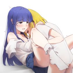 Rule 34 | 2girls, blonde hair, blue hair, blue skirt, blunt bangs, blush, bottomless, breasts, cleavage, collarbone, commentary request, dconan owo, fang, furude rika, futa with female, futanari, hand on another&#039;s shoulder, higurashi no naku koro ni, hime cut, houjou satoko, long hair, missionary, multiple girls, off shoulder, open mouth, pleated skirt, purple eyes, pussy juice, saliva, school uniform, sex, shirt, short hair, sidelocks, simple background, skirt, small breasts, socks, standing, sweat, tearing up, white background, white legwear, white shirt