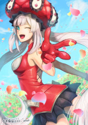 Rule 34 | 1girl, ;d, bare shoulders, blue eyes, day, fate/grand order, fate (series), field, flower, flower field, foreshortening, gloves, hat, highres, long hair, looking at viewer, marie antoinette (fate), one eye closed, open mouth, outdoors, pleated skirt, raito (latek), silver hair, skirt, smile, solo, twintails, very long hair
