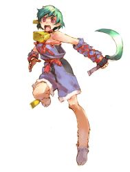 Rule 34 | 1girl, bell, cowbell, danette, danette (soul cradle), full body, green hair, hooves, horns, official art, pointy ears, sickle, simple background, solo, soul cradle, standing, standing on one leg, toi8, weapon, white background