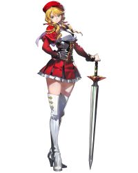 Rule 34 | 1girl, artist request, beret, blonde hair, boots, capelet, code geass, code geass: genesic re;code, code geass: soubou no oz, full body, green eyes, hair over shoulder, hand on own hip, hat, high heels, highres, holding, holding sword, holding weapon, long hair, long sleeves, looking at viewer, miniskirt, official art, oldrin zevon, photoshop (medium), planted, planted sword, planted weapon, red hat, red skirt, simple background, skirt, smile, solo, standing, sword, thigh boots, thighhighs, twintails, weapon, white background, white footwear, zettai ryouiki