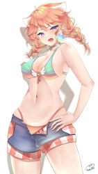 Rule 34 | 1girl, absurdres, animal ears, bikini, bikini under clothes, braid, cat ears, choker, earrings, feather earrings, feathers, green bikini, green choker, hand on own hip, highres, hololive, hololive english, jewelry, looking at viewer, maka aratame, navel, official alternate costume, open clothes, open fly, open mouth, open shorts, orange hair, purple eyes, short shorts, shorts, signature, simple background, skindentation, solo, swimsuit, takanashi kiara, takanashi kiara (casual), twin braids, virtual youtuber, white background