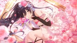 Rule 34 | 1girl, arm garter, armpit crease, bare shoulders, black choker, black gloves, black hair, blurry, blurry foreground, blush, bouquet, breasts, bridal gauntlets, choker, cleavage, commentary, dress, dutch angle, feet out of frame, flower, frilled choker, frilled dress, frills, game cg, gloves, hair flower, hair ornament, high ponytail, holding, holding bouquet, idolmaster, idolmaster shiny colors, large breasts, lens flare, long hair, looking at viewer, lying, off-shoulder dress, off shoulder, official art, on side, petals, picture frame, pink dress, pink flower, pink rose, pink theme, rose, rose petals, shin strap, shirase sakuya, smile, solo, sparkle, very long hair, yellow eyes