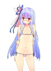 Rule 34 | 1girl, arms behind back, bikini, blue hair, blush, bow, breasts, cameltoe, cleft of venus, embarrassed, grabbing own arm, hair bow, hair ribbon, kotonoha aoi, long hair, looking away, navel, petenshi (dr. vermilion), pink bow, ribbon, sidelocks, simple background, small breasts, solo, straight hair, string bikini, sweatdrop, swimsuit, voiceroid, white background, white bikini