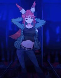 Rule 34 | 1girl, animal ears, animated, animated gif, ass, ass shake, belt, black shirt, blunt bangs, bouncing breasts, breasts, camouflage, camouflage jacket, cat ears, cat girl, cat tail, collarbone, crop top, dancing, denim, hood, hoodie, jacket, jeans, kaenbyou rin, large breasts, long hair, looking at viewer, naughty face, navel, one eye closed, pants, pointy ears, red eyes, red hair, shirt, smile, solo, stomach, sunnysideup, tail, touhou, wink