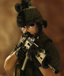 Rule 34 | 1girl, absurdres, assault rifle, adaptive combat rifle, commentary, eotech, gloves, goggles, goggles on head, goggles on headwear, gun, headset, helmet, highres, holding, holding gun, holding weapon, jpc, light brown hair, load bearing vest, long hair, military, military uniform, night-vision device, original, purple eyes, adaptive combat rifle, rifle, scope, shirt, signature, smoke, soldier, solo, t-shirt, trigger discipline, uniform, upper body, watch, weapon, wristwatch